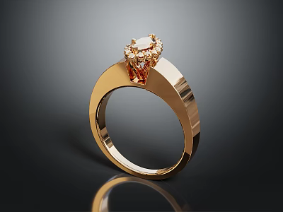 Shiny Gold Ring With Large Central Diamond And Surrounding Small Diamonds Simple Design 3d model