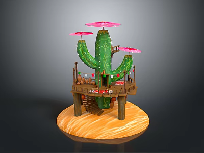 Green Cactus With Wooden Platform Staircase And Pink Umbrellas On Sandy Base 3d model
