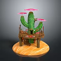 Green Cactus With Wooden Platform Staircase And Pink Umbrellas On Sandy Base