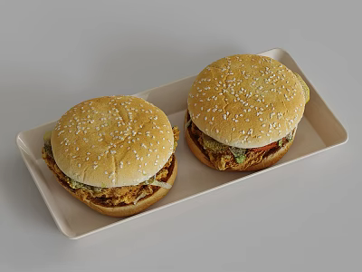 Two Tasty Hamburgers with Sesame Seed Buns Fried Chicken Lettuce Tomato on Light Tray 3d model