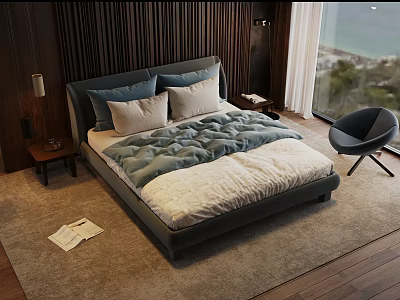 Modern Bedroom Double Bed With Blue Quilt White Pillows Nightstand Chair Rug And Sea View 3d model