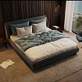 Modern Bedroom Double Bed With Blue Quilt White Pillows Nightstand Chair Rug And Sea View