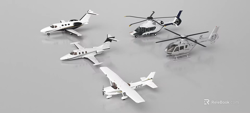 Various Types of Passenger Plane Models with Helicopter Miniatures Displayed 3d model 