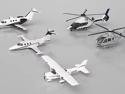 Various Types of Passenger Plane Models with Helicopter Miniatures Displayed 3d model