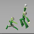 Two Small and Large Green Characters Running Jumping Holding White Ball