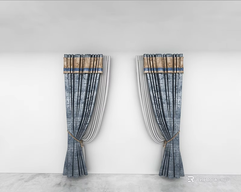 Blue Striped Curtains With Golden Top Decoration And Tied Bands On White Wall Gray Floor 3d model 