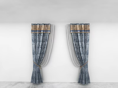 Blue Striped Curtains With Golden Top Decoration And Tied Bands On White Wall Gray Floor 3d model