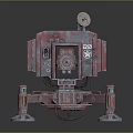 Red Mechanical Vehicle With Cannon Barrel And Four Wheeled Metal Stand Structure