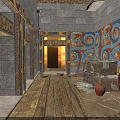 Ancient Egyptian Tomb Interior With Colorful Murals Wooden Floor Clay Jars And Stone Sarcophagus