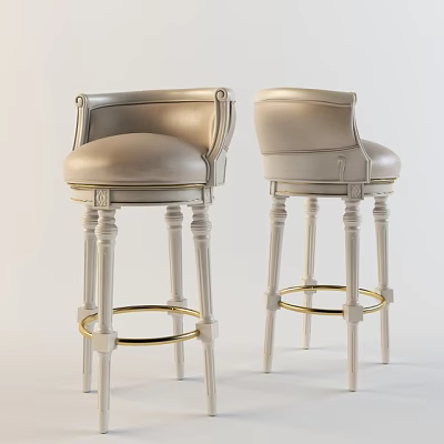 Elegant Modern Bar Stools With Upholstered Seats Gold Metal Trim And White Wooden Legs 3d model