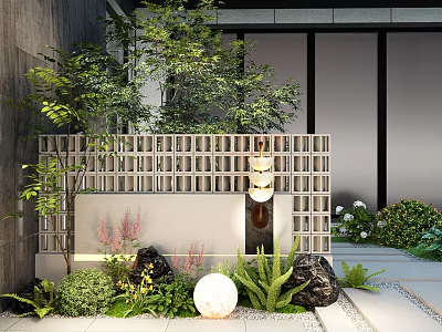 Modern Courtyard Feature Wall With Lattice Design Green Plants Stone Decorations And Water Feature 3d model