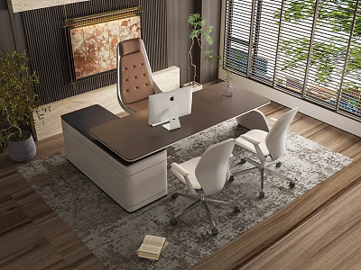 Modern Office Desk With Dark Top White Chairs Laptop Rug And Window View 3d model