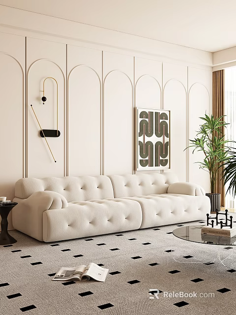 Beige Tufted Sofa and Glass Coffee Table Set with Arched Wall Painting and Green Plant 3d model 