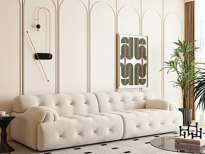 Beige Tufted Sofa and Glass Coffee Table Set with Arched Wall Painting and Green Plant 3d model