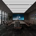 Modern Conference Room Interior With Long Table Large Screen And Floor To Ceiling Windows