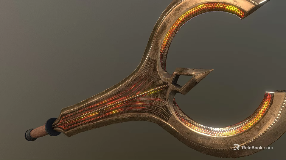 Golden and Red Glowing Weapon with Intricate Curved Metallic Decorative Patterns 3d model 