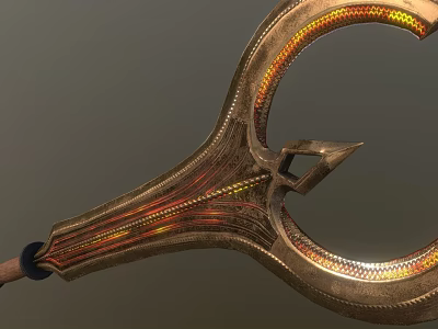 Golden and Red Glowing Weapon with Intricate Curved Metallic Decorative Patterns 3d model