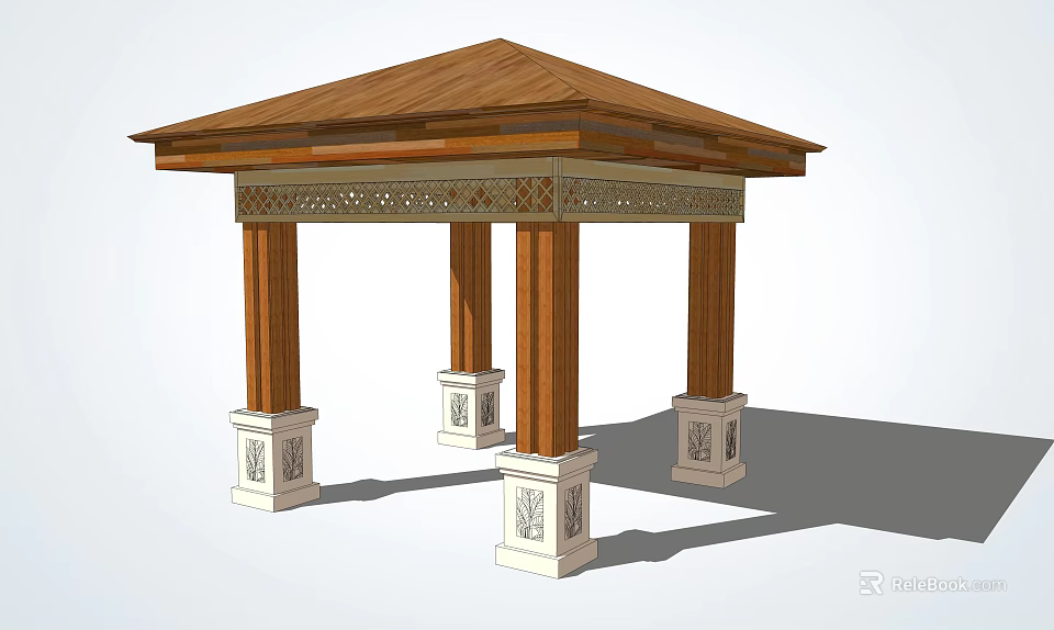 Wooden Pavilion With Brown Roof And Carved White Base Decorative Pillars 3d model 
