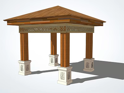 Wooden Pavilion With Brown Roof And Carved White Base Decorative Pillars 3d model