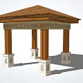 Wooden Pavilion With Brown Roof And Carved White Base Decorative Pillars