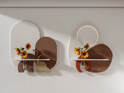 Decorative Wall Hanging With Geometric Shelves Sunflowers Small Ornament And Round Light 3d model