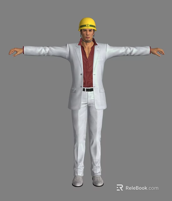 3D Male Character Model Wearing White Suit Red Shirt With Arms Outstretched 3d model 