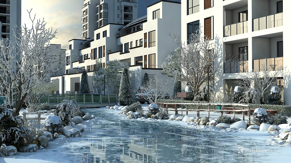 Scenic Snowy Winter Landscape with Frozen Stream Tall Buildings Trees and Stones 3d model 