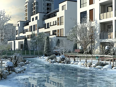 Scenic Snowy Winter Landscape with Frozen Stream Tall Buildings Trees and Stones 3d model