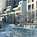 Scenic Snowy Winter Landscape with Frozen Stream Tall Buildings Trees and Stones