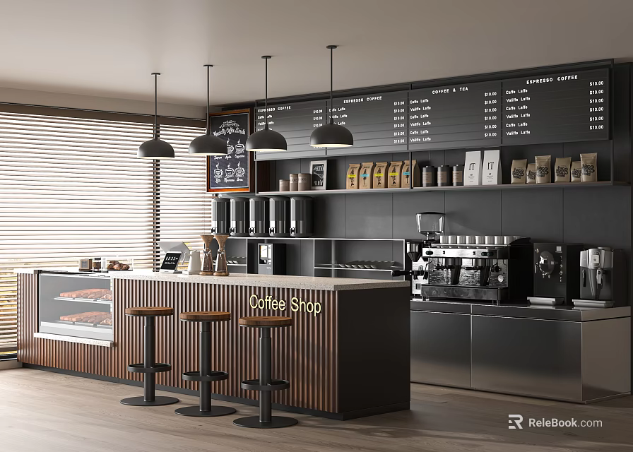 Modern Coffee Shop Interior With Wooden Bar Stools Black Menu Board And Coffee Machines 3d model 