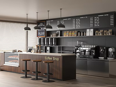 Modern Coffee Shop Interior With Wooden Bar Stools Black Menu Board And Coffee Machines 3d model