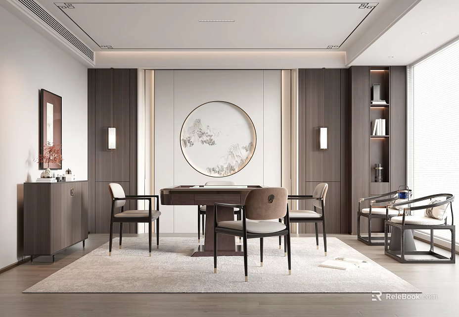 Modern Chinese Style Entertainment Room Interior With Furniture And Decor 3d model 