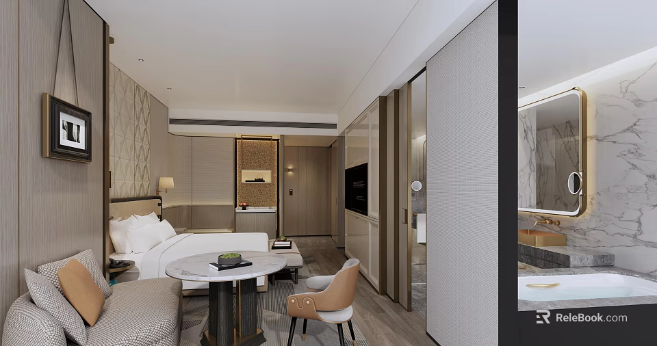 Modern Hotel Guest Room Interior With Bed Sofa Coffee Table And TV 3d model 