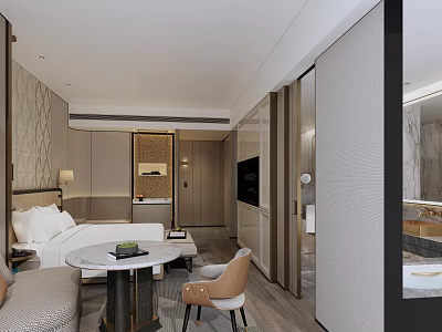 Modern Hotel Guest Room Interior With Bed Sofa Coffee Table And TV 3d model