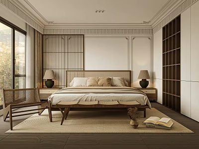 Modern Bedroom Interior With Wooden Bed Frame Wicker Chair Nightstands Decorative Pillows And Bookshelf 3d model