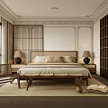 Modern Bedroom Interior With Wooden Bed Frame Wicker Chair Nightstands Decorative Pillows And Bookshelf
