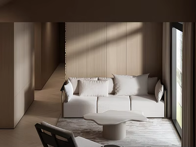 Modern Hotel Public Lounge Area With Wooden Walls Light Sofa And Round Coffee Table 3d model
