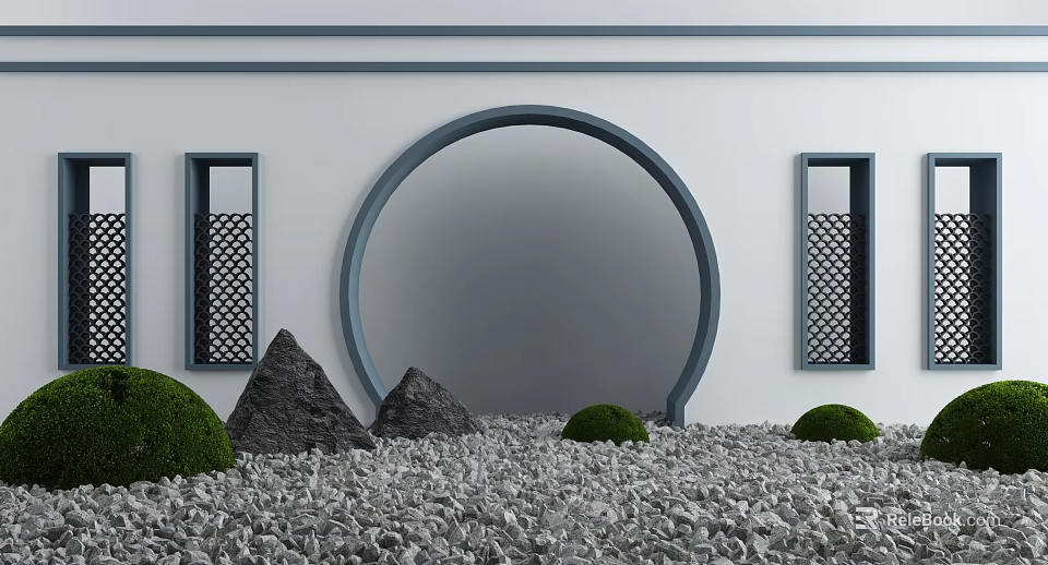 Traditional Garden Ornament Featuring Circular Archway Lattice Windows Stone Hills And Green Topiaries On Gravel 3d model 