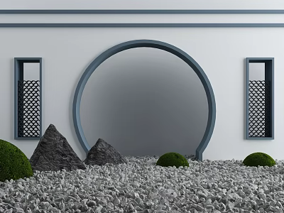 Traditional Garden Ornament Featuring Circular Archway Lattice Windows Stone Hills And Green Topiaries On Gravel 3d model