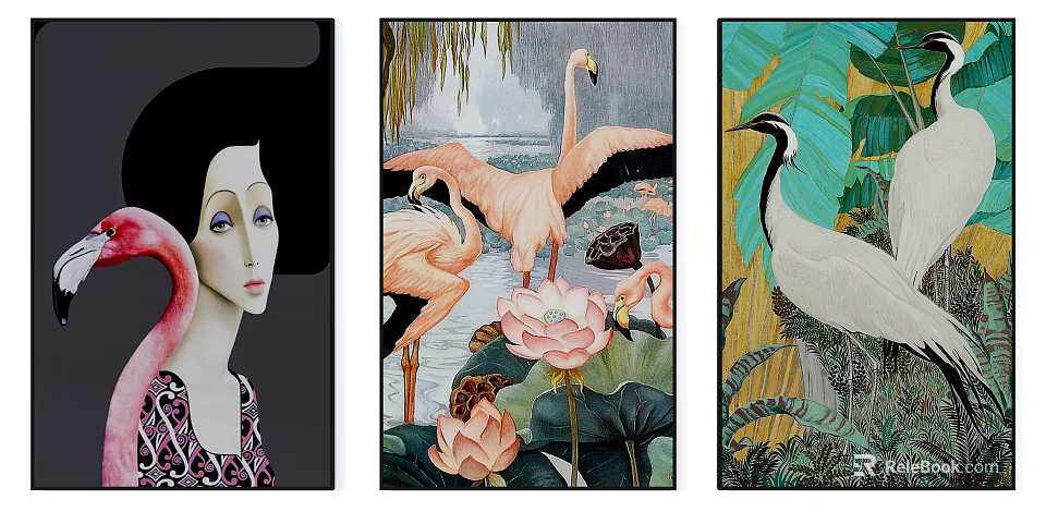 Elegant Decorative Art Prints Featuring Female Profile Flamingos Lotus And Crane 3d model 
