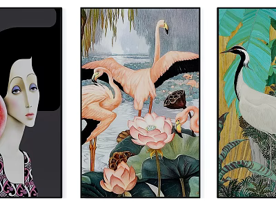 Elegant Decorative Art Prints Featuring Female Profile Flamingos Lotus And Crane 3d model