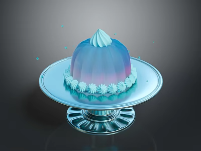 Elegant Jelly Cake on Silver Tray with Gradient Color Cream Swirl and Small Decorations 3d model