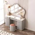 Elegant Gray Dressing Table With Gold Accents Scalloped Mirror And Round Stool