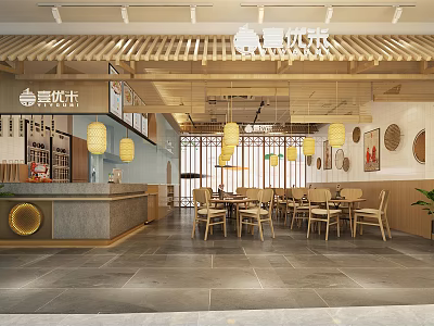 Traditional Chinese Restaurant Interior With Wooden Ceiling Lanterns Dining Tables And Chairs 3d model