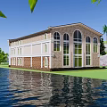 Modern Office Building With Arched Windows Green Lawn Trees And Waterfront View