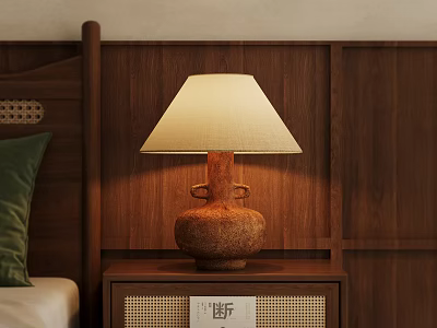 Natural Wooden Nightstand With Light Colored Lampshade Green Pillow By Wooden Wall 3d model