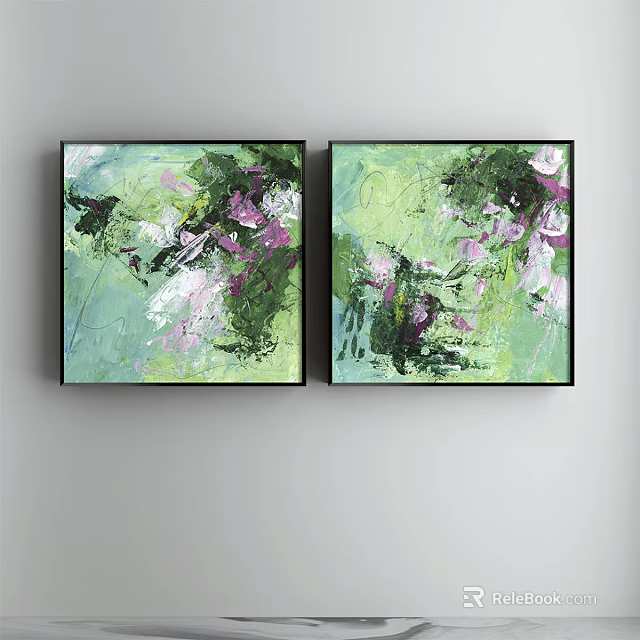 Modern Abstract Paintings Two Panel Set With Green Purple Tones And Textured Brushstrokes 3d model 