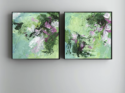 Modern Abstract Paintings Two Panel Set With Green Purple Tones And Textured Brushstrokes 3d model
