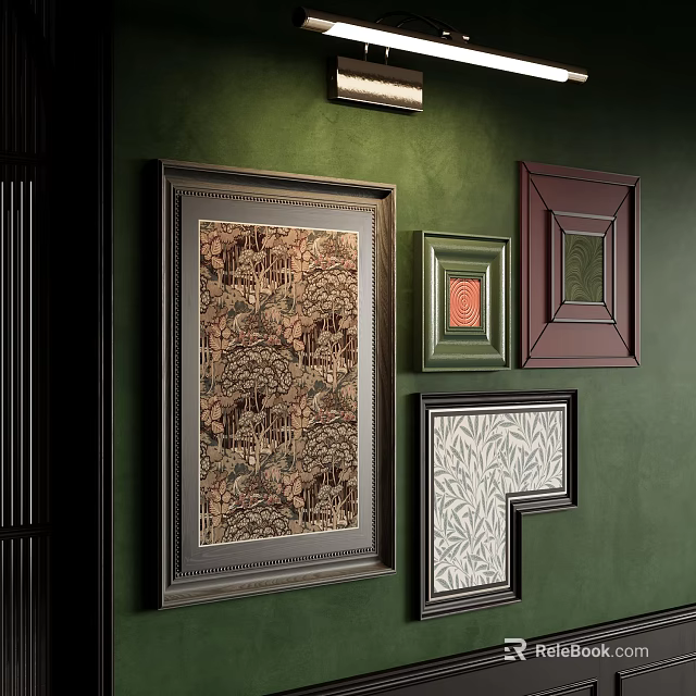 Decorative Wall Frames With Various Styles Sizes And Patterns On Green Wall 3d model 