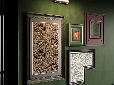 Decorative Wall Frames With Various Styles Sizes And Patterns On Green Wall 3d model